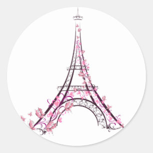 Pink Hearts & Butterflies Paris Eiffel Tower Classic Round Sticker