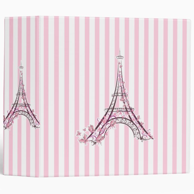 Pink Hearts & Butterflies Paris Eiffel Tower Girls 3 Ring Binder (Front/Spine)