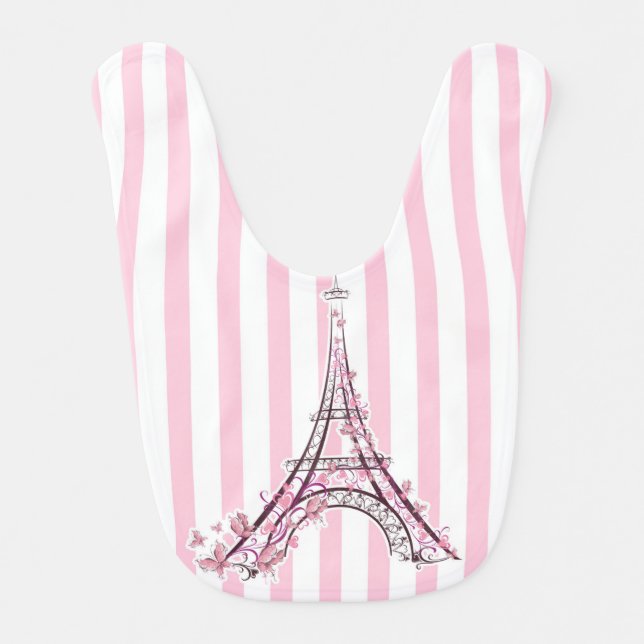 Pink Hearts & Butterflies Paris Eiffel Tower Girls Baby Bib (Front)