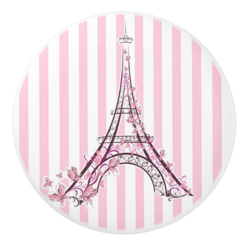 Pink Hearts  Butterflies Paris Eiffel Tower Girls Ceramic Knob