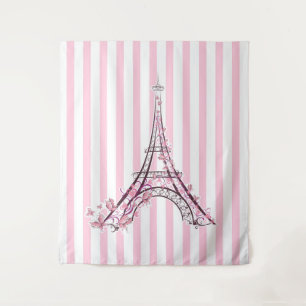 Pink Hearts & Butterflies Paris Eiffel Tower Girls Tapestry