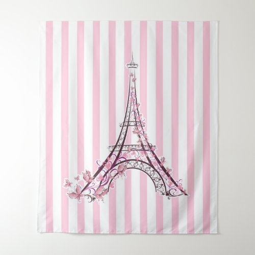 Pink Hearts  Butterflies Paris Eiffel Tower Girls Tapestry