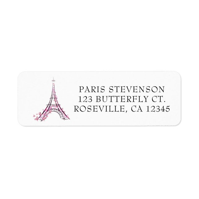 Pink Hearts & Butterflies Paris Eiffel Tower Label (Front)