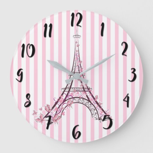 Pink Hearts  Butterflies Paris Eiffel Tower Large Clock