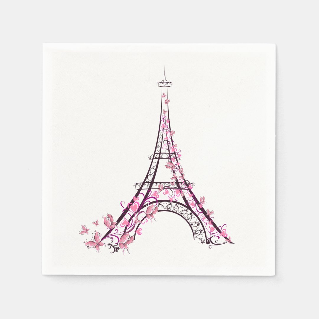 Pink Hearts & Butterflies Paris Eiffel Tower Napkins Zazzle