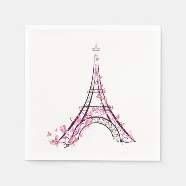 Pink Hearts & Butterflies Paris Eiffel Tower Napkins (Front)