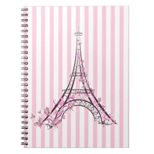 Pink Hearts  Butterflies Paris Eiffel Tower Notebook