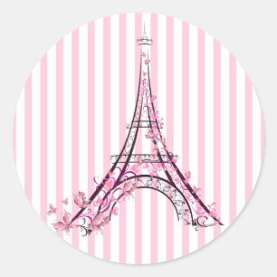 Pink Hearts & Butterflies Paris Eiffel Tower Party Classic Round Sticker