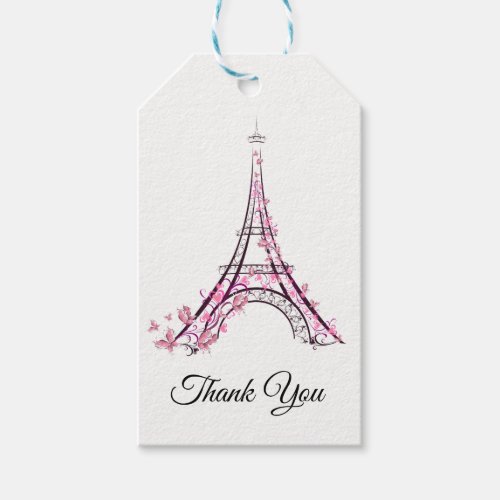 Pink Hearts  Butterflies Paris Eiffel Tower Party Gift Tags