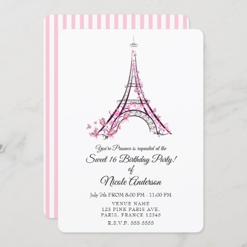 Pink Hearts  Butterflies Paris Eiffel Tower Party Invitation