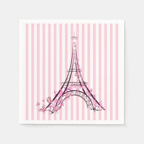Pink Hearts  Butterflies Paris Eiffel Tower Party Napkins