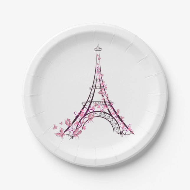 Pink Hearts & Butterflies Paris Eiffel Tower Party Paper Plates (Front)