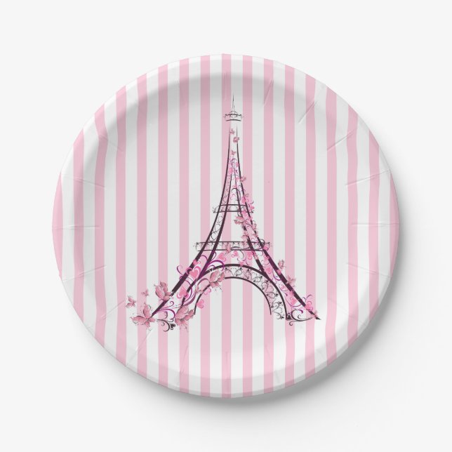 Pink Hearts & Butterflies Paris Eiffel Tower Party Paper Plates (Front)
