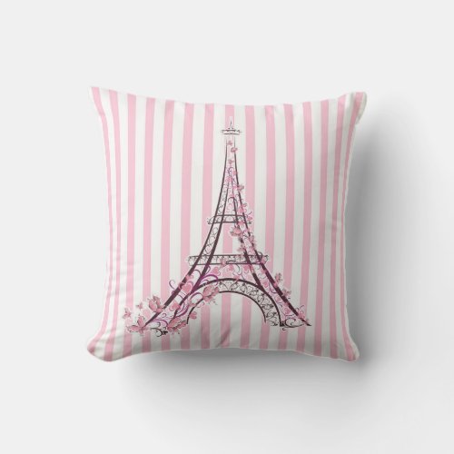 Pink Hearts  Butterflies Paris Eiffel Tower Throw Pillow