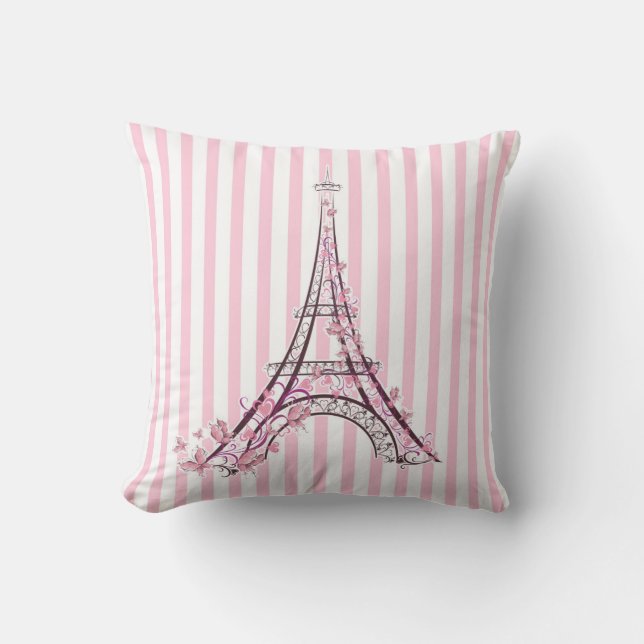 Pink Hearts & Butterflies Paris Eiffel Tower Throw Pillow (Front)