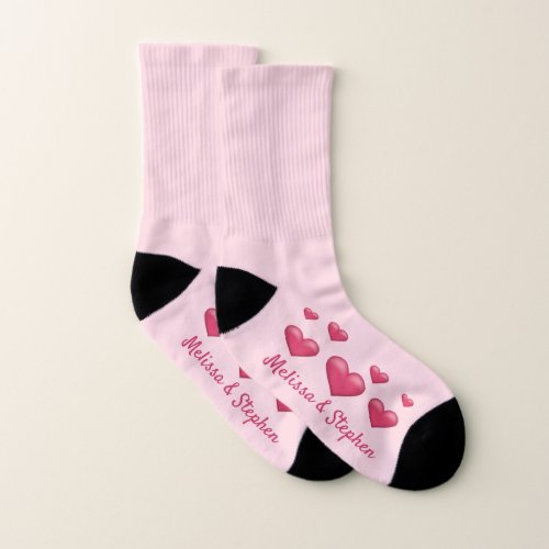Pink Hearts  Custom Couple Names Valentines Day Socks