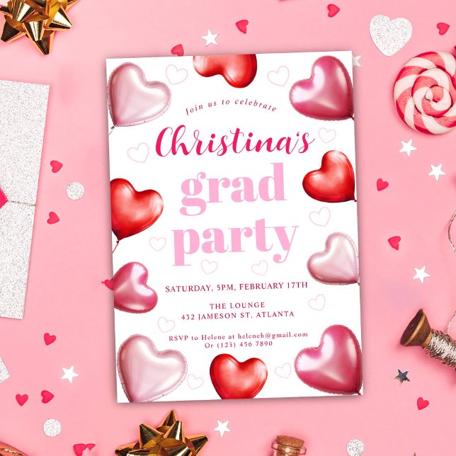 Pink Hearts Cute Stylish Graduation Party Invitation (Pink Cute Stylish Graduation Party Invitation)