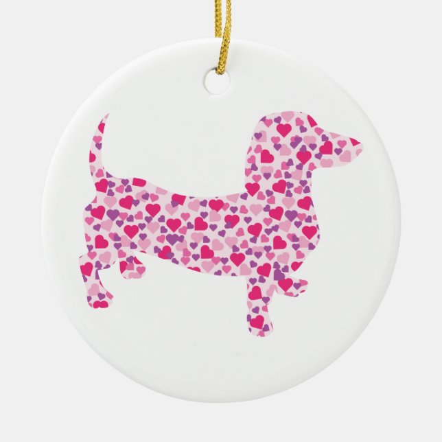 Pink Hearts Dachshund Ceramic Ornament (Front)