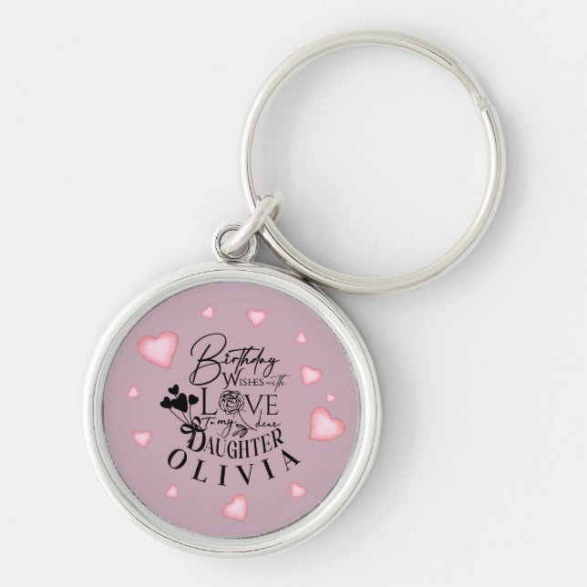 Pink Hearts Daughter Birthday Text Design Keychain (Front)