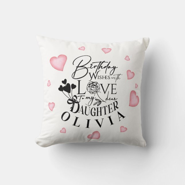 Pink Hearts Daughter Birthday Text Design Throw Pillow (Front)