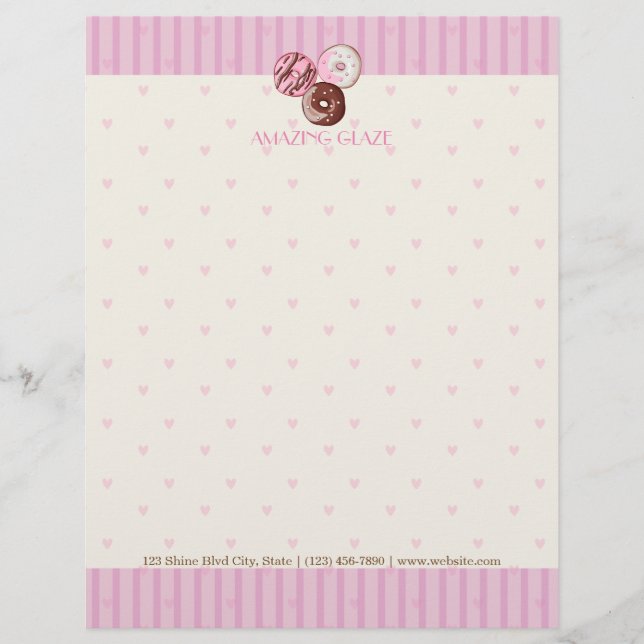Pink Hearts Donut Shop Letterhead CUTE KAWAII (Front)