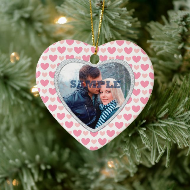 Pink Hearts Faux Diamond Valentine Photo Template Ceramic Ornament (Tree)