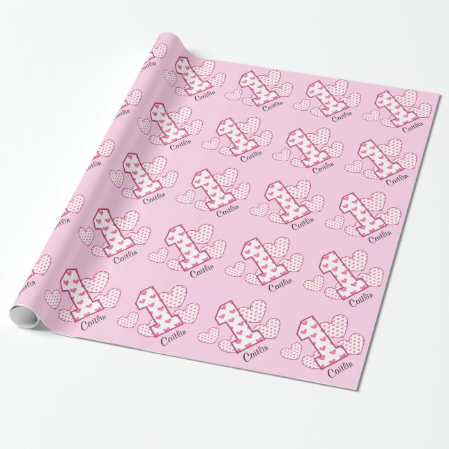 PINK HEARTS First Birthday Custom V05F Wrapping Paper (Unrolled)
