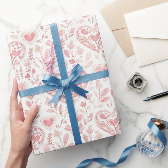 Pink Hearts Floral Love Bridal Shower Wrapping Paper (Gifting)