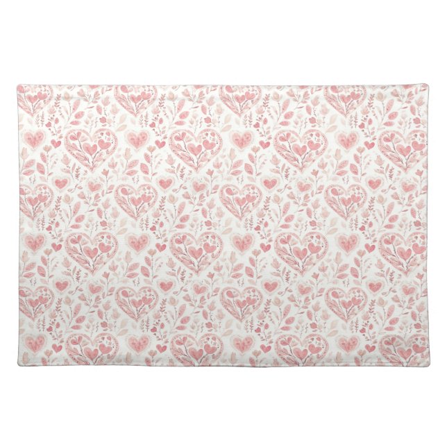 Pink Hearts Floral Love   Cloth Placemat (Front)