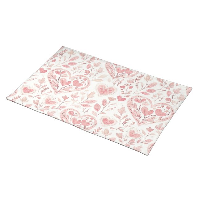 Pink Hearts Floral Love   Cloth Placemat (On Table)