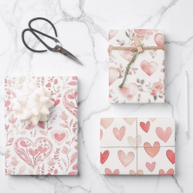 Pink Hearts Floral Love Wrapping Paper Sheets (Front)