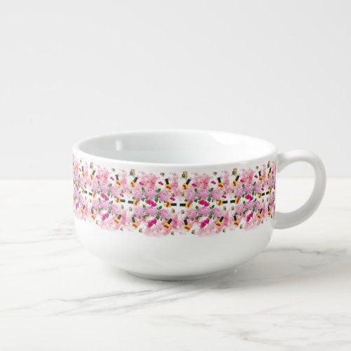 Pink Hearts Floral Yellow Nail Polish Soup Mug