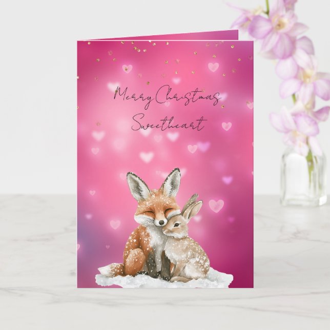 Pink Hearts Fox Bunny Glitzy Sweetheart Christmas Card (Orchid)