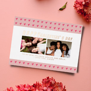 Pink Hearts Galentine`s Day Friends 2 Photo Foil Holiday Card
