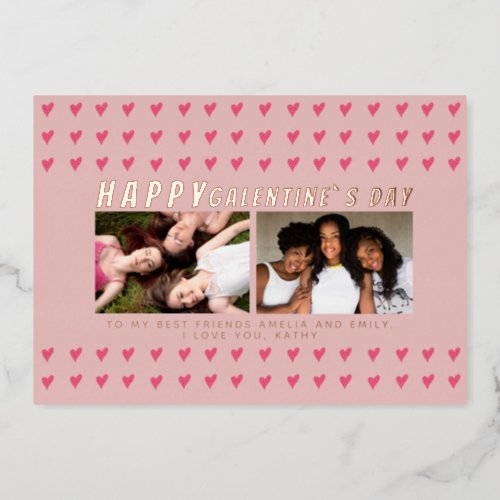 Pink Hearts Galentines Day Friends 2 Photo Foil Holiday Card
