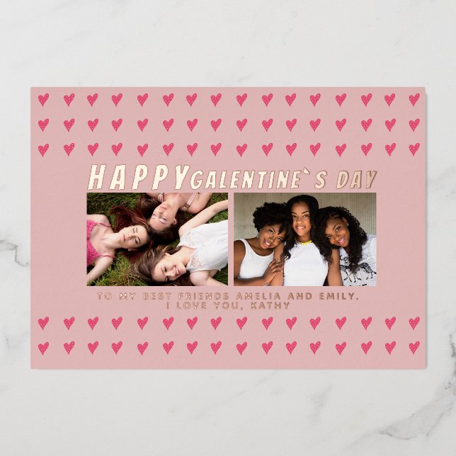 Pink Hearts Galentine`s Day Friends 2 Photo Foil Holiday Card (Front)