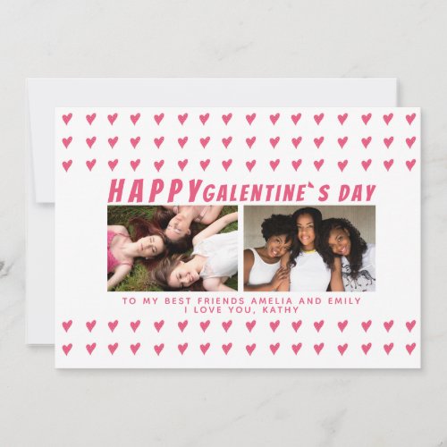 Pink Hearts Galentines Day Friends 2 Photo Holiday Card
