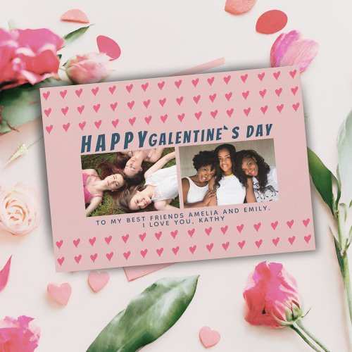 Pink Hearts Galentines Day Friends 2 Photo Holiday Card