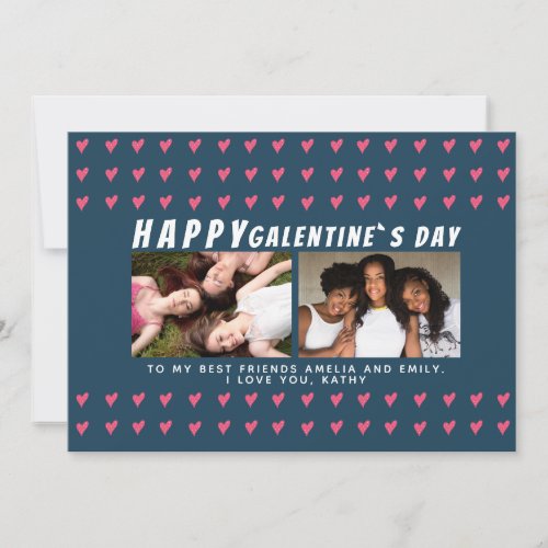 Pink Hearts Galentines Day Friends 2 Photo Holiday Card