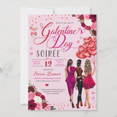 Pink Hearts Galentines Day Girl Friends Party Invitation