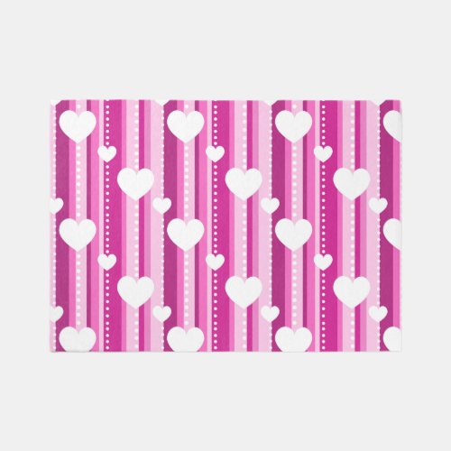 Pink Hearts Geometric Stripes Girls Bedroom Area  Rug