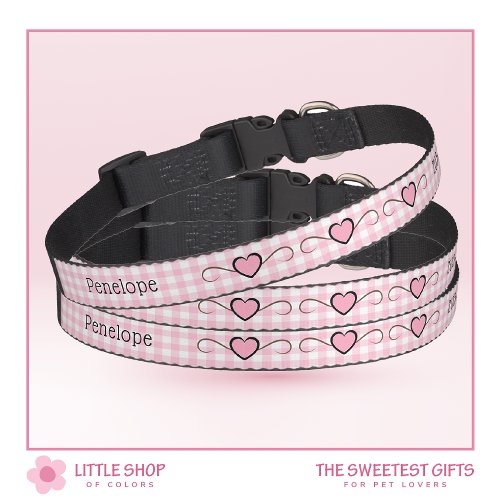 Pink Hearts Gingham Personalized Pet Collar