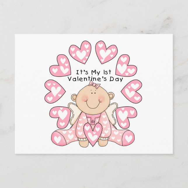 Pink Hearts Girl 1st Valentine's Day Tshirts Holiday Postcard (Front)