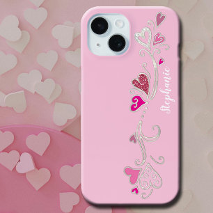 Pink Hearts Glitter Girly Girl iPhone 15 Case