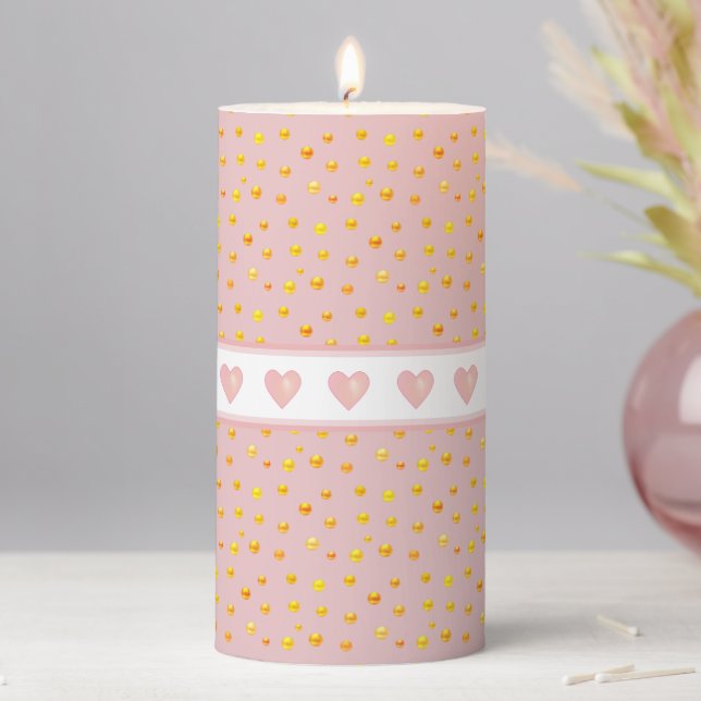 Pink Hearts & Gold Confetti on Light Pink Pillar Candle (In Situ)