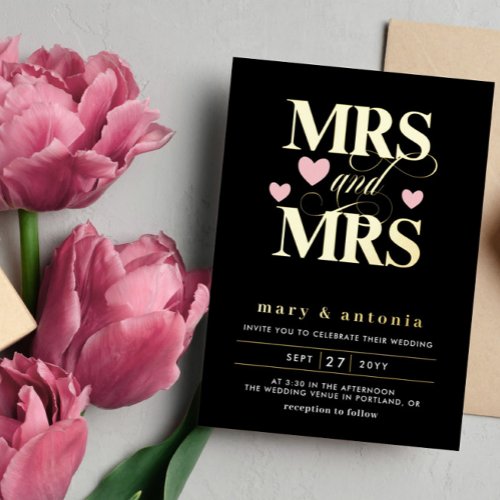 Pink Hearts Gold Mrs  Mrs Lesbian Wedding 2 in 1 Foil Invitation