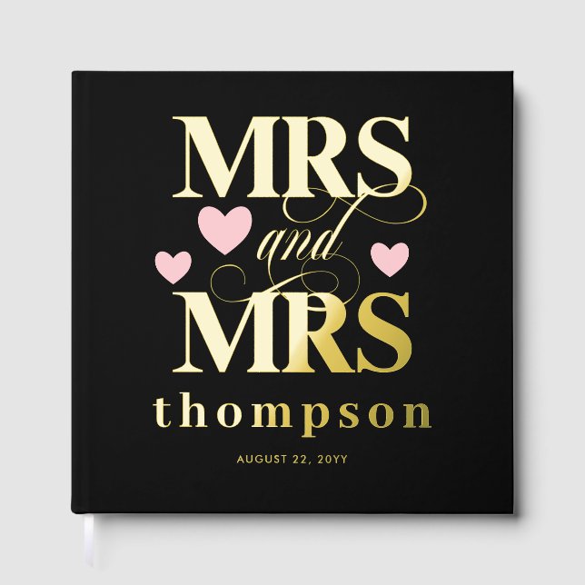 Pink Hearts Gold Mrs & Mrs Lesbian Wedding Foil Guest Book (Front)
