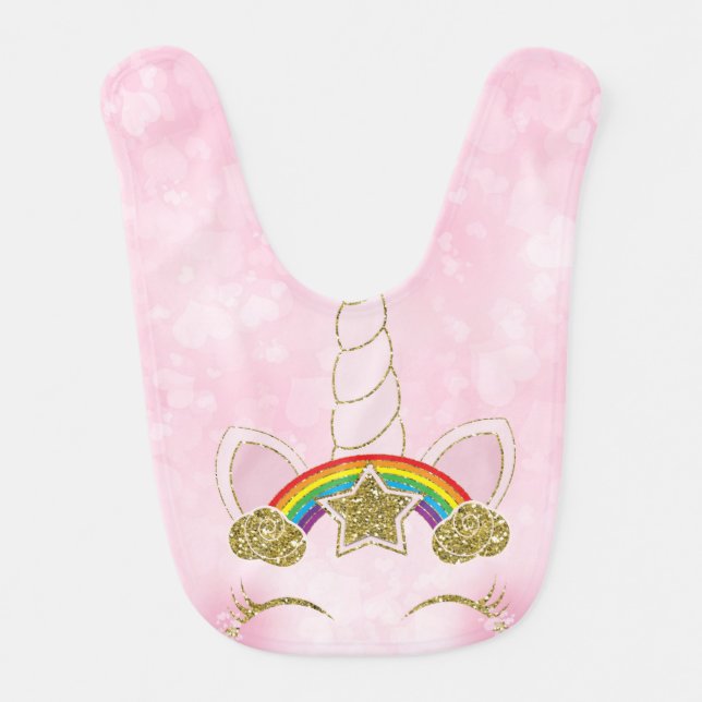 Pink Hearts Gold Rainbow Star Unicorn Horn Face Baby Bib (Front)