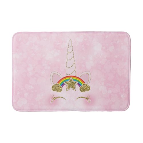 Pink Hearts Gold Rainbow Star Unicorn Horn Face Bath Mat