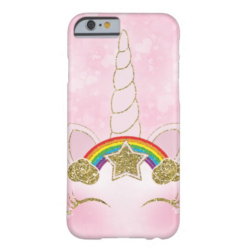 Pink Hearts Gold Rainbow Star Unicorn Horn Face Barely There iPhone 6 Case